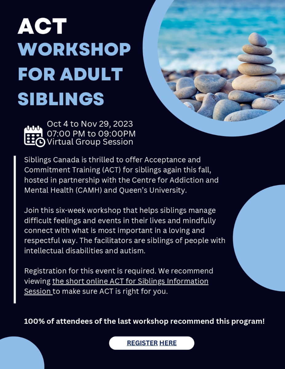 ACT Workshop for Adult Siblings. October 4 to November 29. 7 PM to 9 PM. Virtual Group Session.